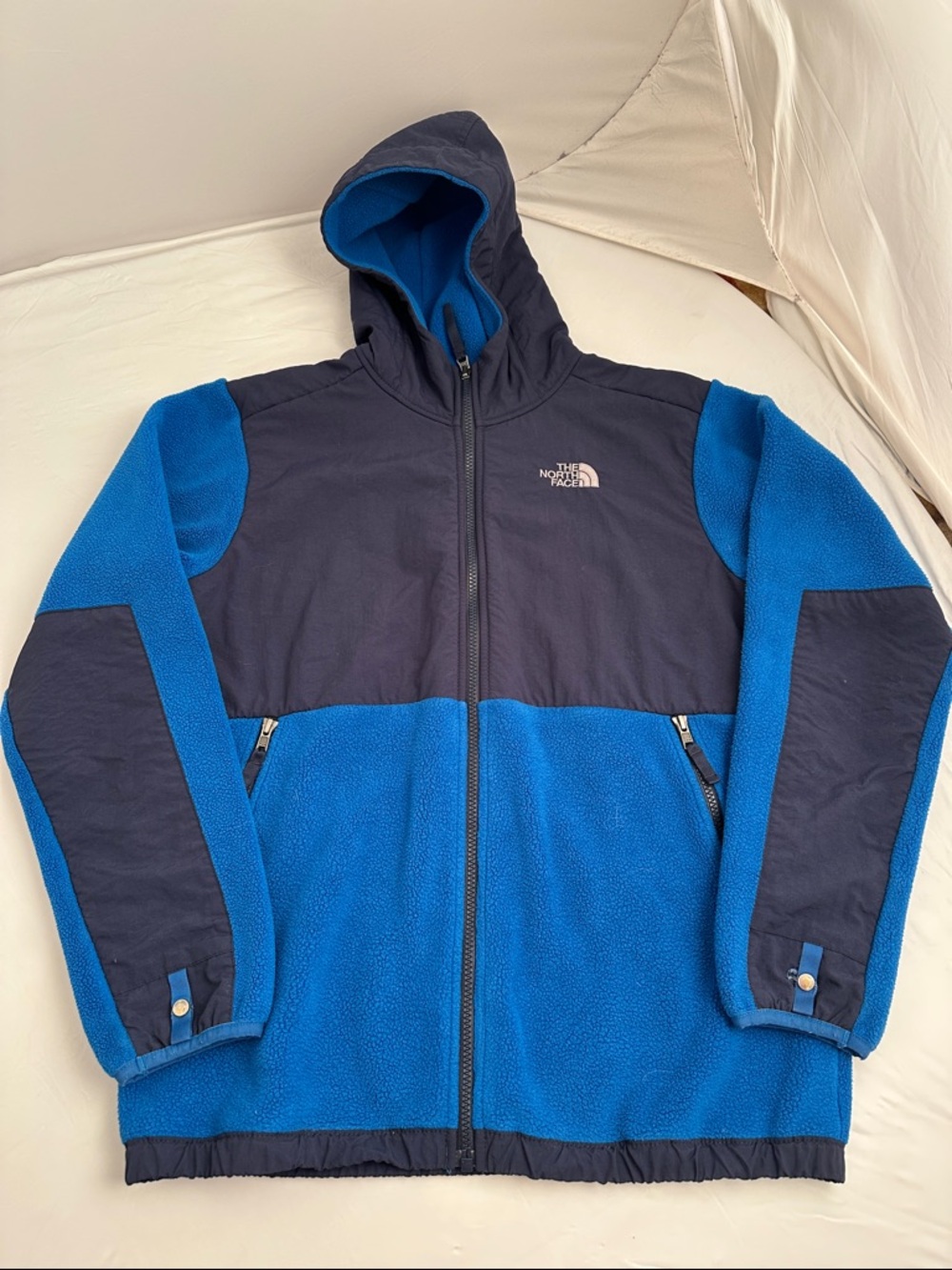 The North Face Denali blue and navy with hood YXL 18-20.